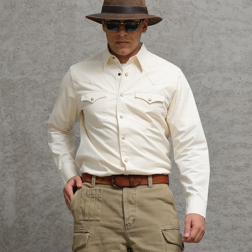 西里布米白色美式复古西部衬衫