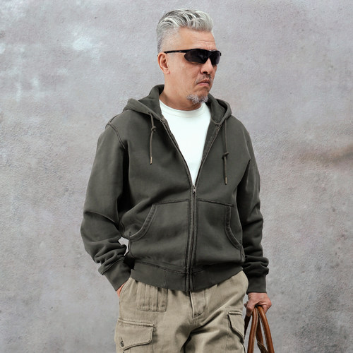 西里布美式复古重磅连帽拉链卫衣