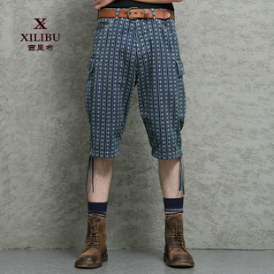 中裤 西里布全棉indigo蓝染菱形条纹短裤 男日系咔叽复古多口袋工装