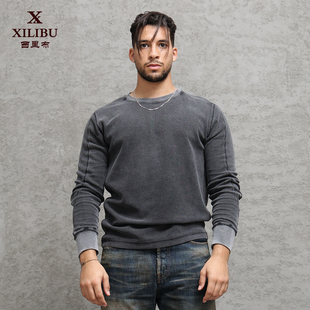 圆领T恤卫衣男硫化黑染做旧华夫格打底衫 西里布美式 复古连肩长袖