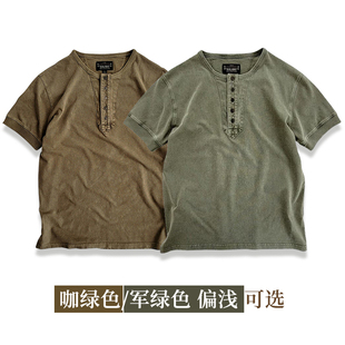 原创设计非rrl 咔叽复古休闲小众新品 西里布拔染亨利领半袖 T恤衫