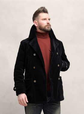 西里布黑色双排扣灯芯绒夹克西服大衣外套咔叽美式复古休闲非rrl