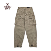 咔叽日系复古硫化染水洗做旧 宽松休闲多袋裤 西里布纯棉地勤工装 裤
