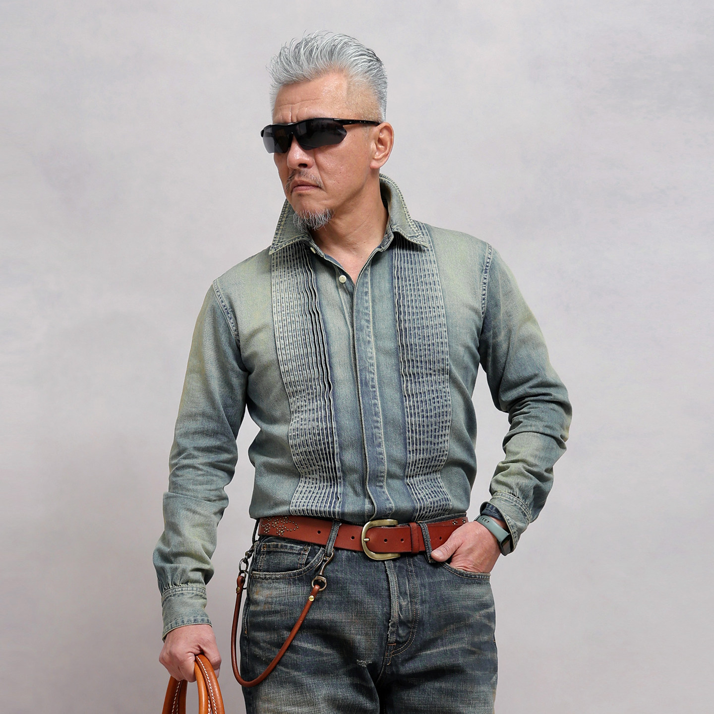 西里布法式复古风琴褶牛仔衬衫男水洗拔染做旧渐变古典长袖衬衣