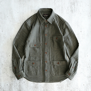 咔叽休闲新品 西里布意式 外套纯棉长袖 衬衫 非rrl 复古条纹多袋工装