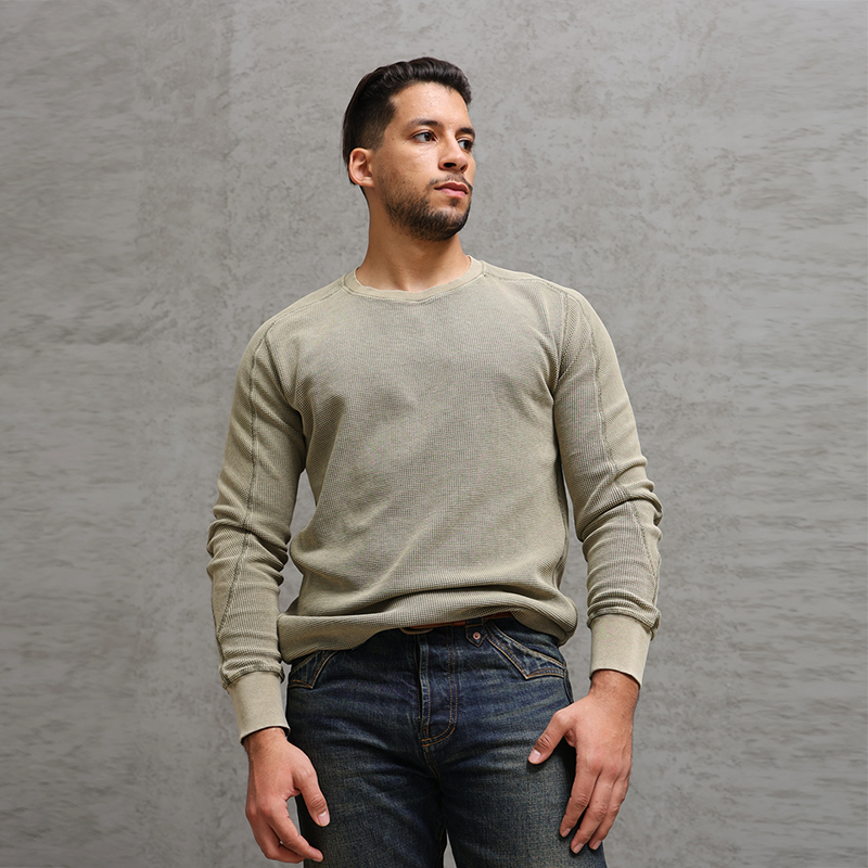 西里布复古华夫格圆领长袖T恤衫