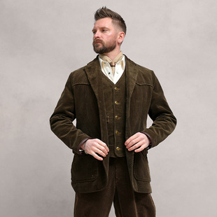 西里布美式 灯芯绒宽松型休闲风外套西服重磅条绒绅士 复古中长款