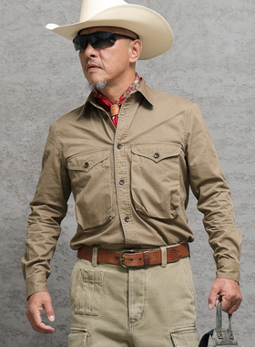 西里布深卡其色全棉大口袋工装长袖衬衫男阿美咔叽复古休闲非rrl