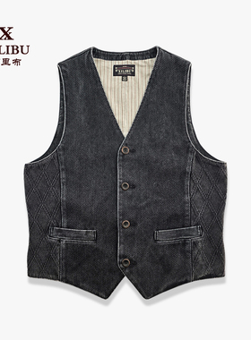 西里布美式复古重磅剑道布马甲背心男西部牛仔坎肩黑色拔染非rrl