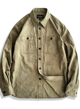 西里布全棉卡其色美式复古休闲长袖衬衫男咔叽水洗印花新品非rrl