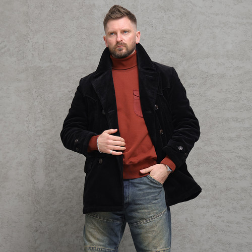 西里布灯芯绒中长款双排扣大衣