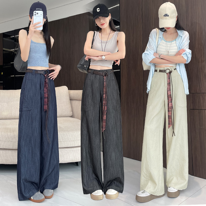 深蓝色仿牛仔西装裤女2026春夏新款垂感宽松直筒拖地裤休闲裤