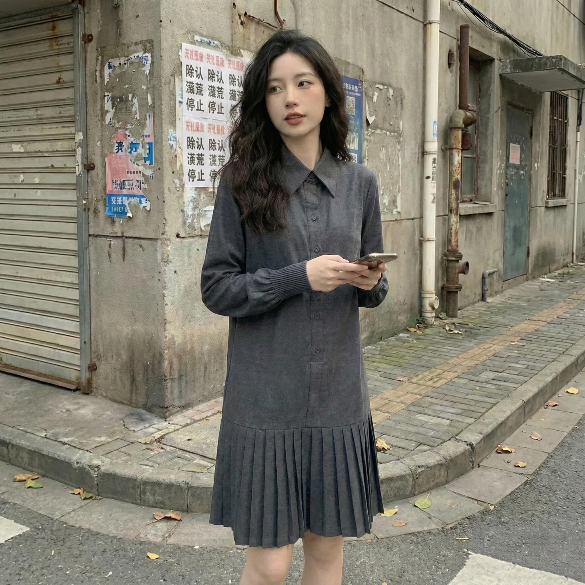 通勤风长袖显瘦百褶衬衫裙