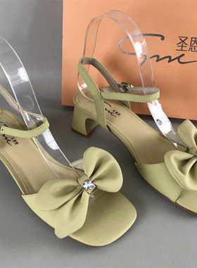 35.38码SNC/圣恩熙女鞋断码撤柜夏季一字扣带羊皮甜美蝴蝶结凉鞋
