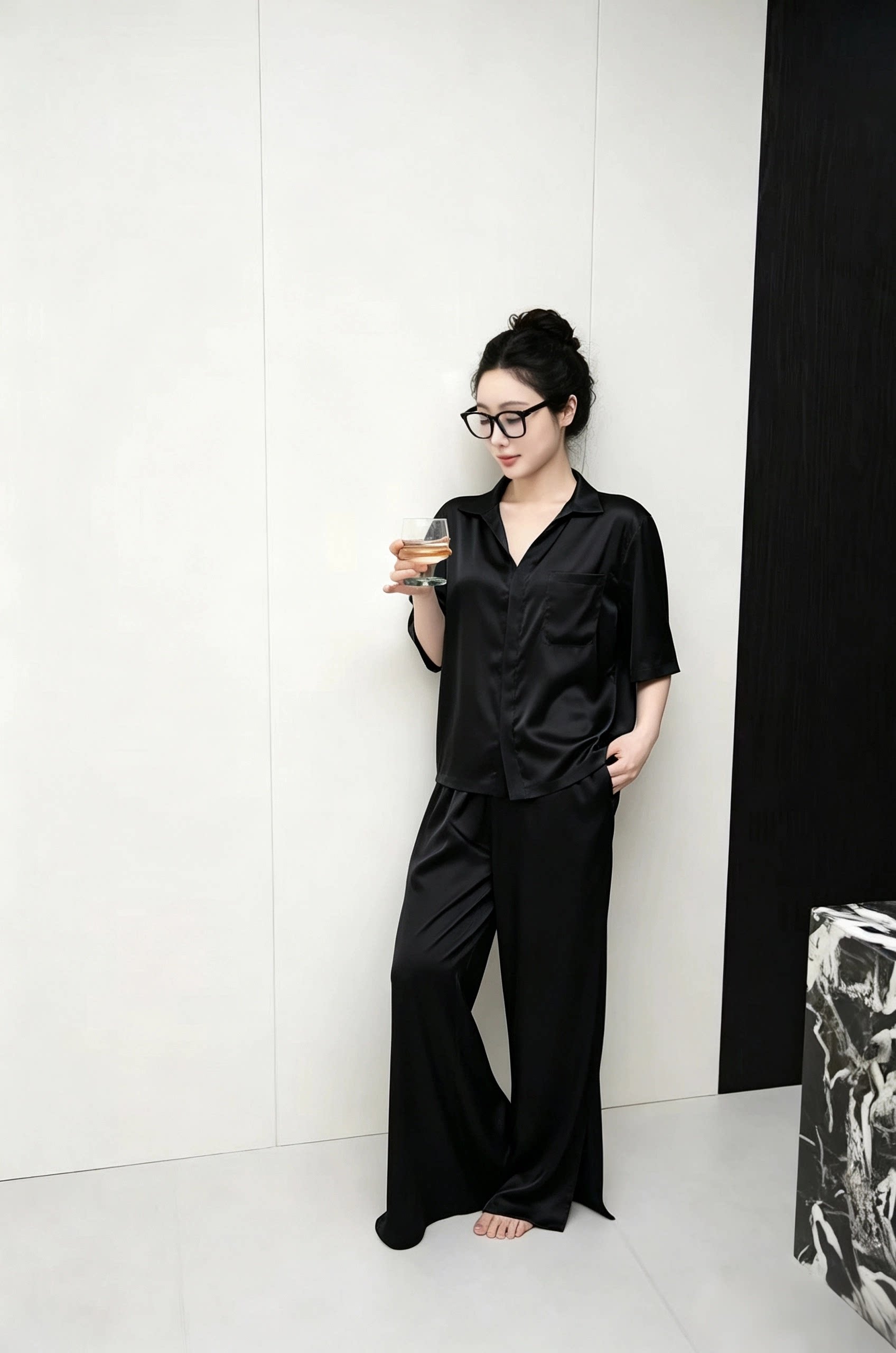 高级感缎面冰丝睡衣女夏季短袖阔腿长裤套装宽松大码家居服可外穿