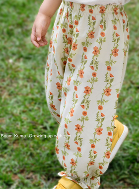 BeamKuma夏季女童宝宝外出防蚊裤薄款婴儿小童冰丝休闲灯笼碎花裤