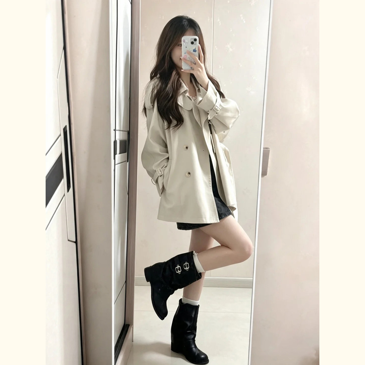韩系短风衣女小个子 经典翻领腰带收腰落肩廓形早秋百搭通勤外套