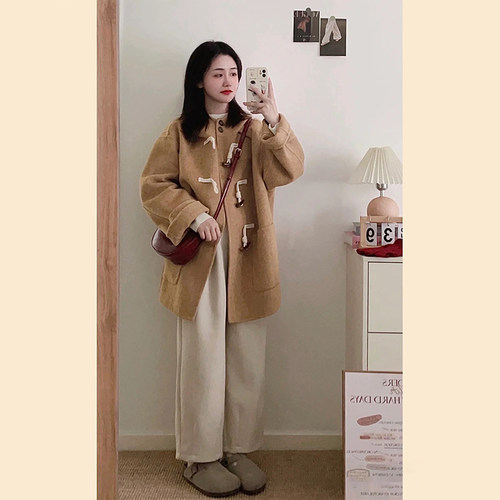 韩版小个子牛角扣连帽毛呢外套