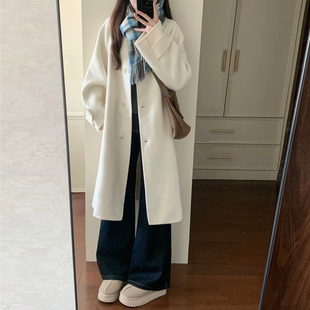 韩系温柔风米白色毛呢外套女秋冬新款中长款宽松小个子极简风大衣