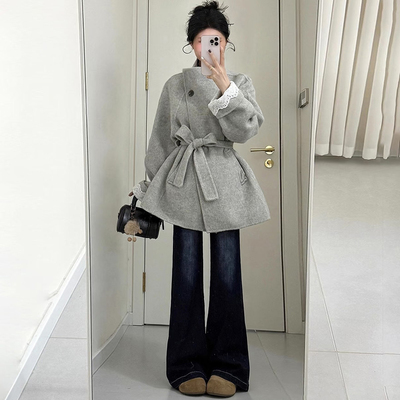 韩式系带收腰毛呢外套女秋冬中长款灰色加厚高级感小个子呢子大衣