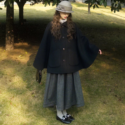 学院风黑色斗篷披风宽松毛呢外套