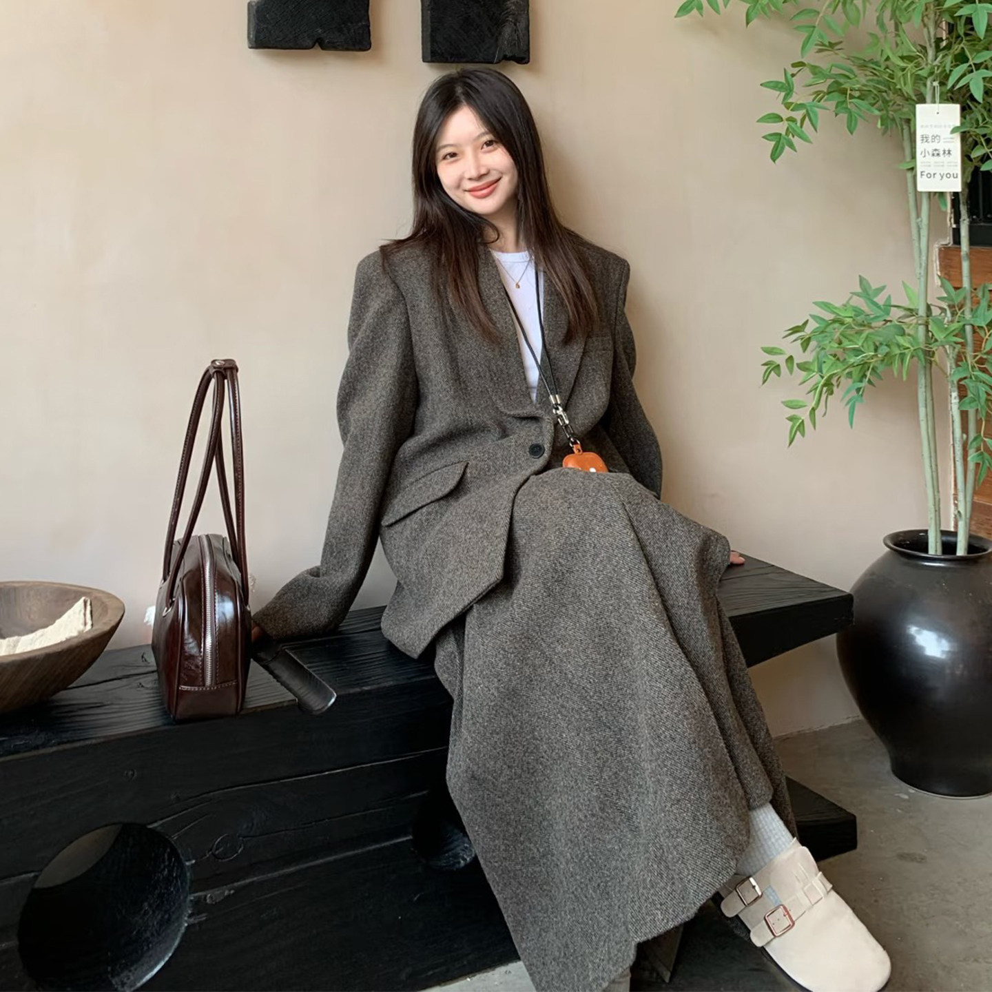 韩系高级感毛呢西装外套半身裙两件套女秋冬季小个子气质通勤套装,女装/女士精品,时尚套装,淘宝优惠券,粉丝福利购,淘宝优惠卷