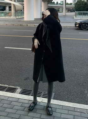 韩系黑色立领中长单排扣呢子大衣