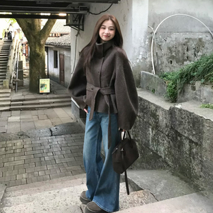 复古老钱风立领棕色毛呢外套女小个子短款系带收腰呢子大衣高级感