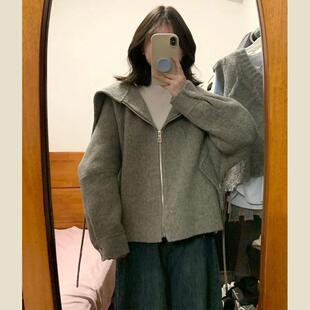 韩系宽松海军领披肩灰色毛呢外套女冬季新款短款小个子呢子大衣