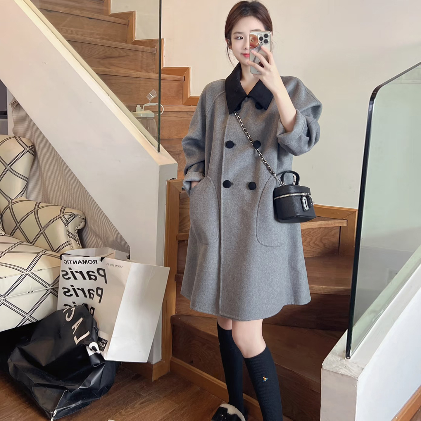 韩版中长款灰色翻领毛呢大衣