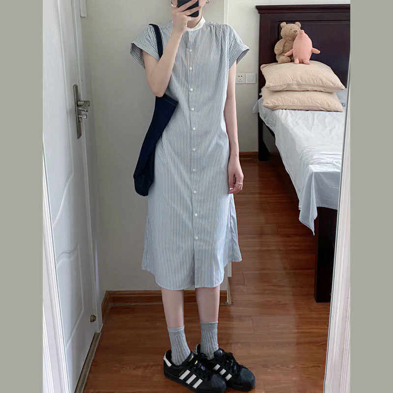日系文艺衬衫连衣裙女夏季2024新款学院风小个子条纹显瘦清新长裙