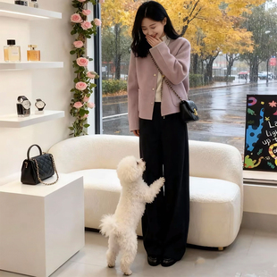 韩式 撞色显瘦单排扣呢子大衣 休闲风粉色毛呢外套女秋冬小个子短款