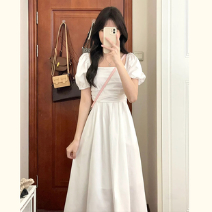 小个子泡泡袖 法式 温柔方领白色连衣裙女夏季 新款 显瘦气质高腰长裙