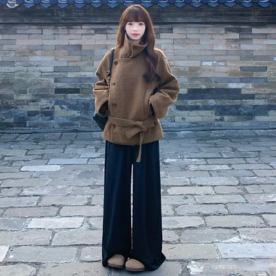 小个子韩系复古立领棕色毛呢外套