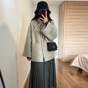 韩式 小个子宽松学院风大口袋呢子大衣 蝴蝶结灰色毛呢外套女秋冬装