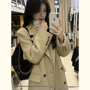韩系温柔风驼色毛呢大衣女 长款廓形双排扣呢子外套秋冬新