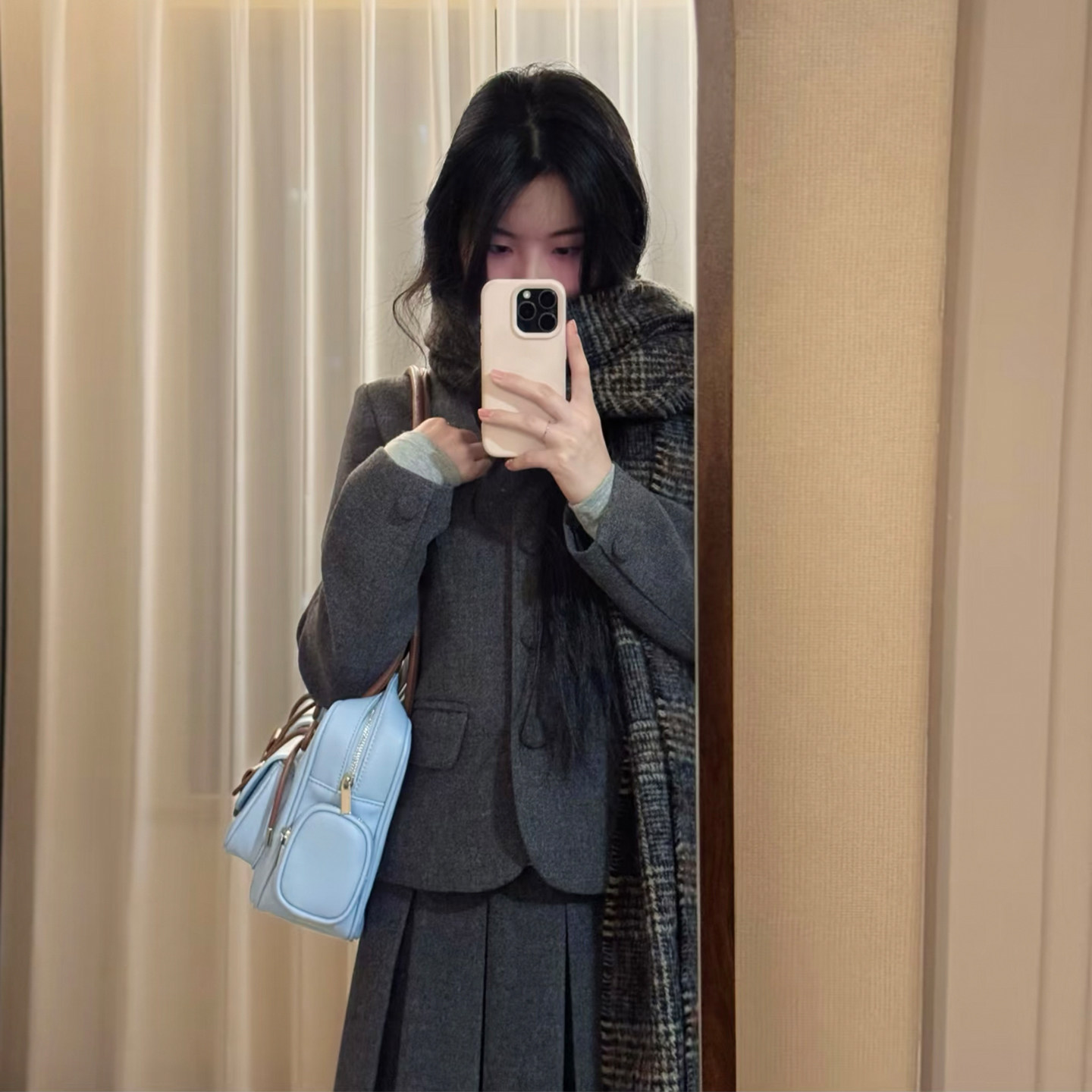 学院风灰色毛呢西装套装女秋冬气质显瘦百褶裙两件套