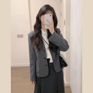 新款 外套灰色2024秋季 宽松小个子西服上衣通勤气质 西装 高级感短款