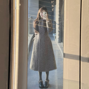 法式系带灰色翻领毛呢外套女小个子中长款收腰显瘦气质呢子大衣