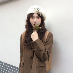 复古咖色呢料西装套裙女 秋冬氛围感通勤休闲毛呢两件套