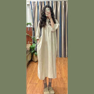 宽松慵懒风休闲长款 新款 七分袖 复古棉麻连衣裙女夏季 度假裙子 大码