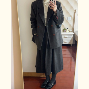 深灰色毛呢套装 学院风廓形西装外套高腰大摆半身裙两件套