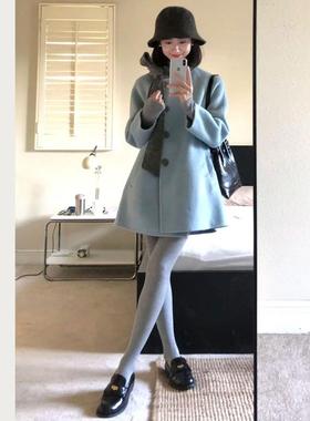 蓝色千金蝴蝶结中长款毛呢外套女冬季新款显瘦气质小个子呢子大衣