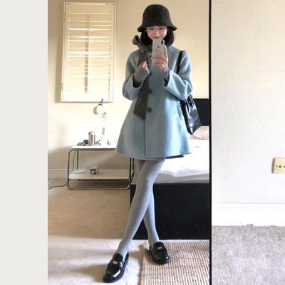 蓝色蝴蝶结小个子中长款毛呢大衣