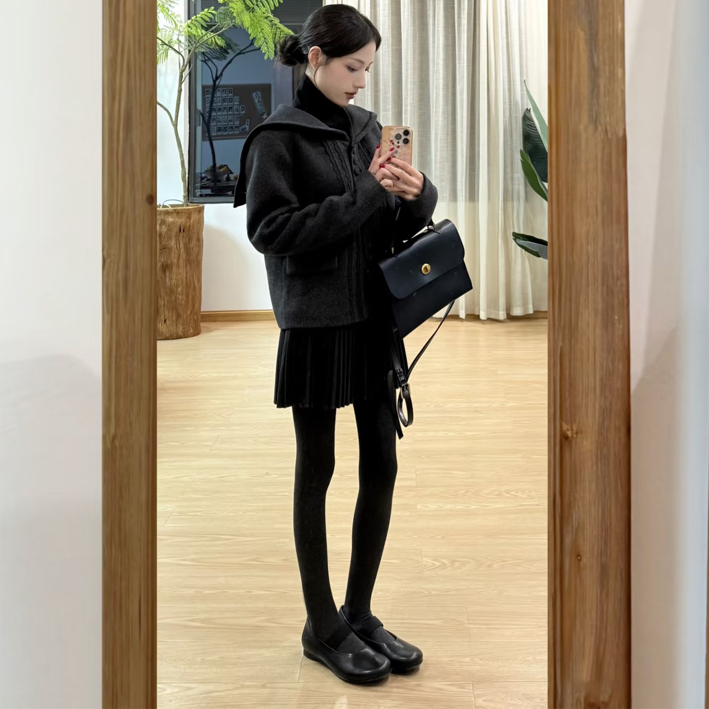 学院风深灰色海军领毛呢外套女秋冬新款韩版拼接花边修身呢子大衣