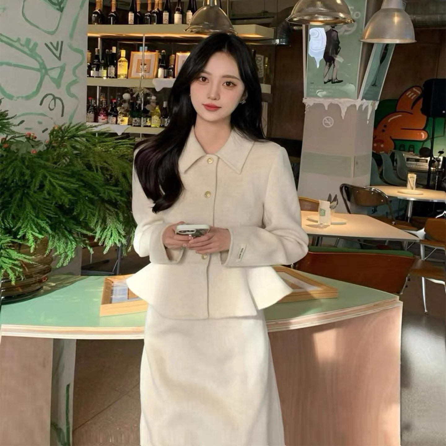 轻熟风小个子米白色毛呢套装女韩版秋冬名媛时髦外套半身裙两件套