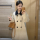 米白色毛呢外套女中长款 双排扣撞色领高级感小个子赫本风大呢子衣