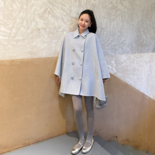 温柔风蓝色毛呢外套女双排扣翻领斗篷中长款呢子大衣减龄