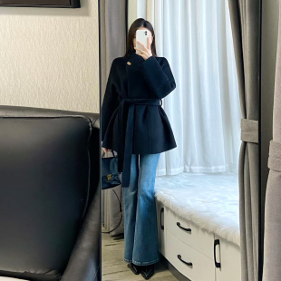 黑色立领呢子大衣女收腰系带金扣小个子毛呢外套秋冬气质