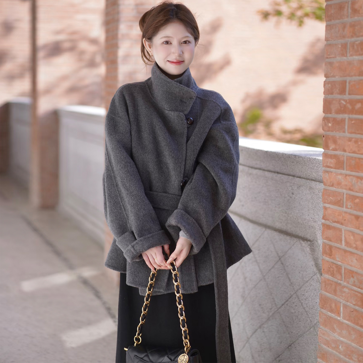 小个子中长款系带收腰毛呢外套